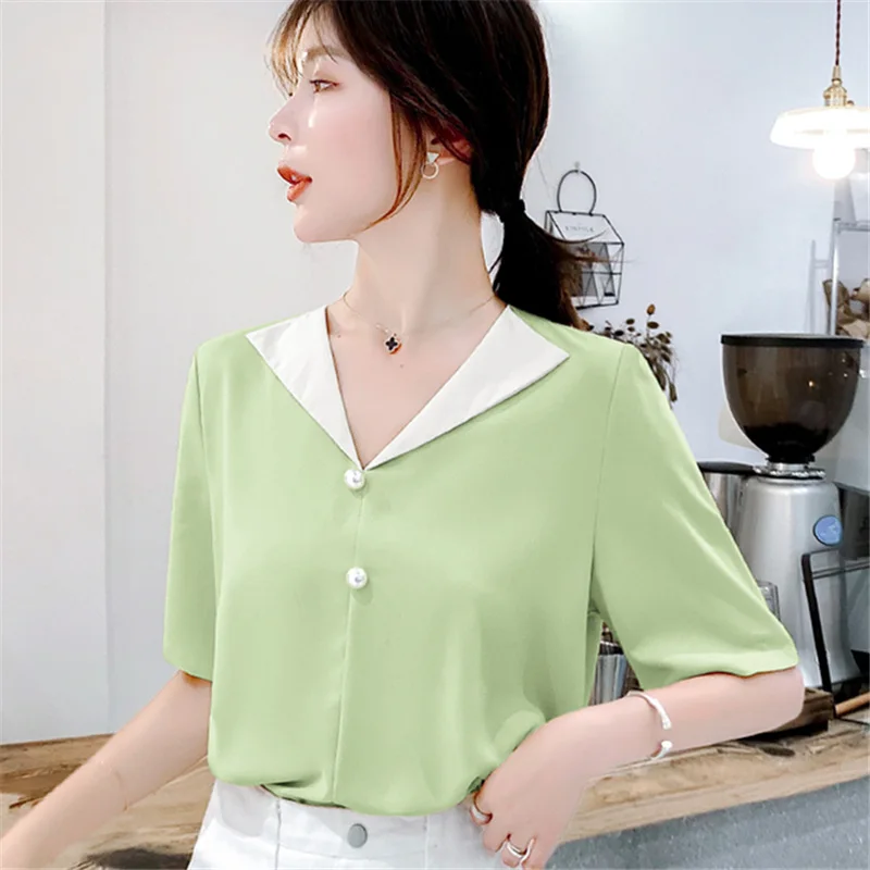 Women Tops 2019 Summer New Fashion Blouses Chiffon Short Sleeve POLO Neck Shirts Solid Color Casual Office Ladies Top Blusas |