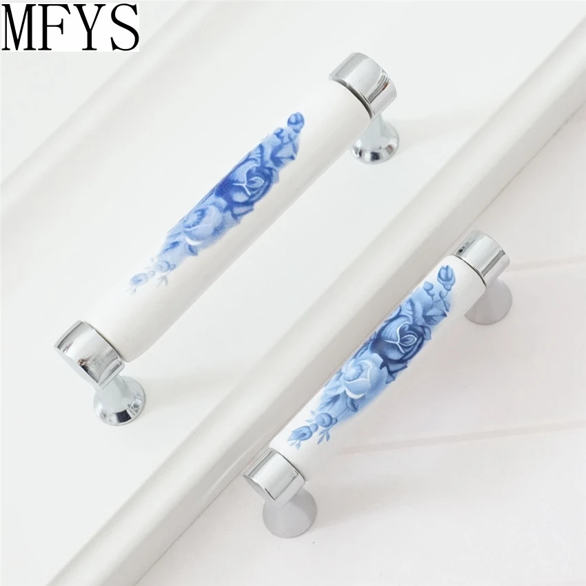 

MFYS 76mm Ceramic Cabinet Pulls Blue Flower Drawer Handles Wardrobe Door Knobs Kitchen Cupboard Handle FurnitureHardware