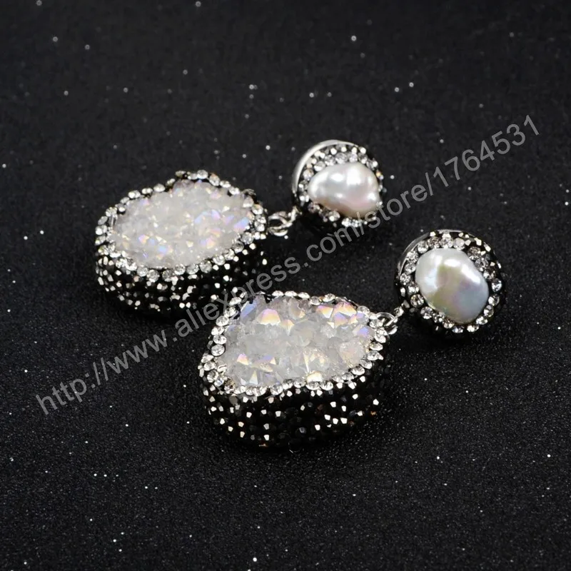 BOROSA кристалл Druzy Титан AB Круглый geode кулон с новым жемчугом Серьги Pave CZ модные серьги Друза JAB162