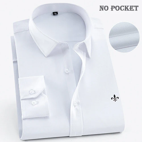 Мужская рубашка с длинным рукавом Camisa Social Masculina, классические мужские рубашки, официальная деловая рубашка с вышитым логотипом - Цвет: 1-507WHITE-No pocket