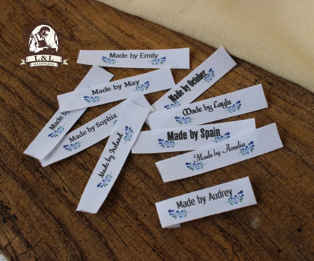 Custom Blue flower labels Sewing Labels Clothing Tags Flat folding Cotton Ribbon Label kids or baby (MD537) | Дом и сад
