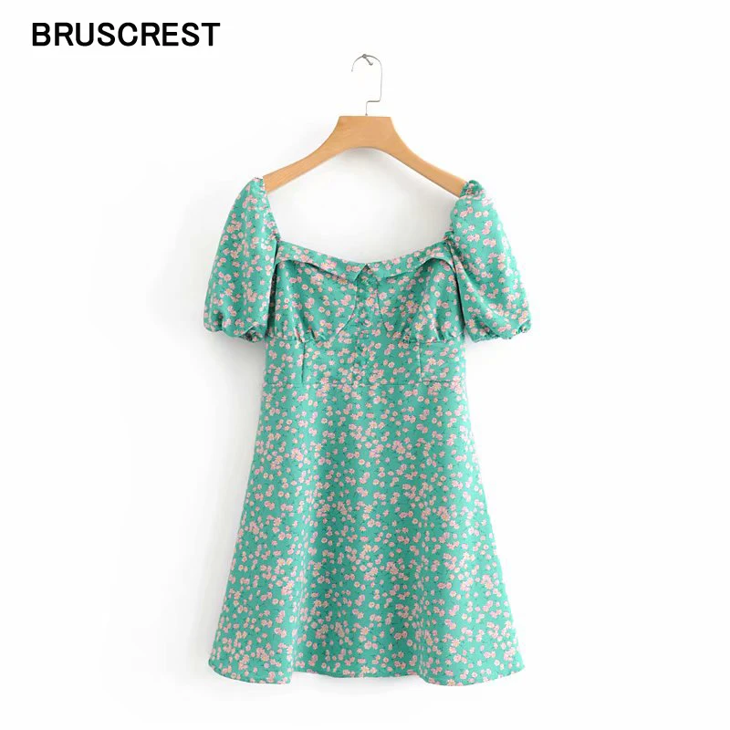 Женское винтажное мини платье в стиле бохо зеленое с коротким рукавом и