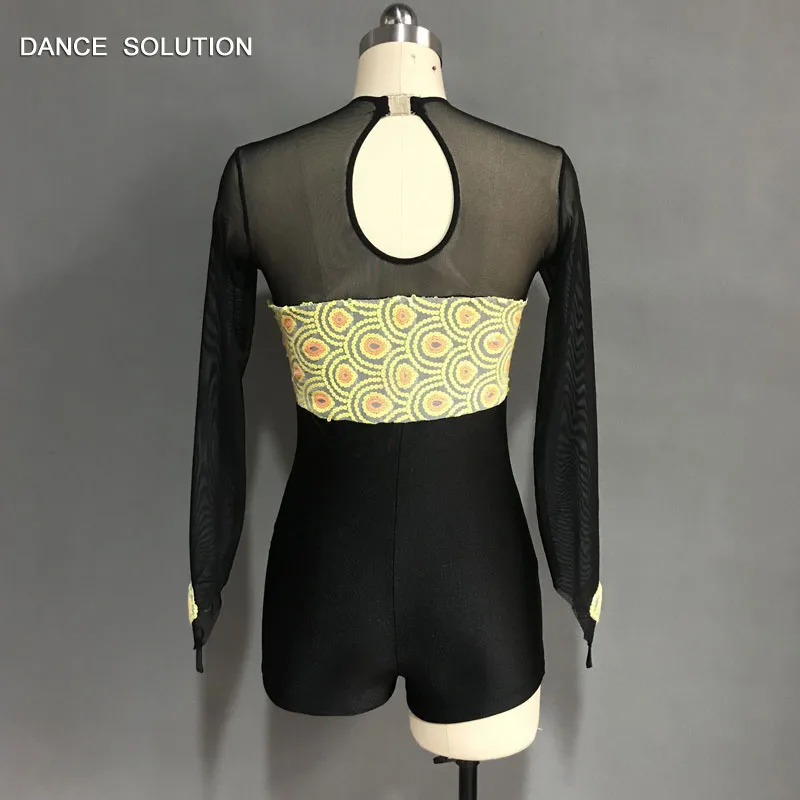 Yellow Sequin Unitard with Long Mesh Sleeves and Boy Shorts Women &amp Girl Stage Dance Costumes Jazz Stretch Wear 3 Colors 18567 |
