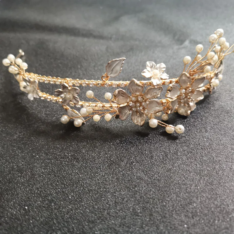 SLBRIDAL золотые стразы жемчуг цветок лист свадебная тиара головная повязка корона