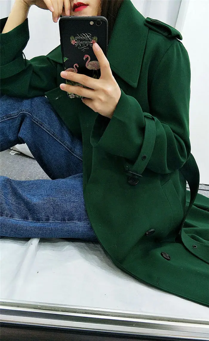 Autumn Fashion Double-breasted Green Windbreaker Korean Casual Jacket Basic Belt Long Coat For Office Ladies Overcoat f1081