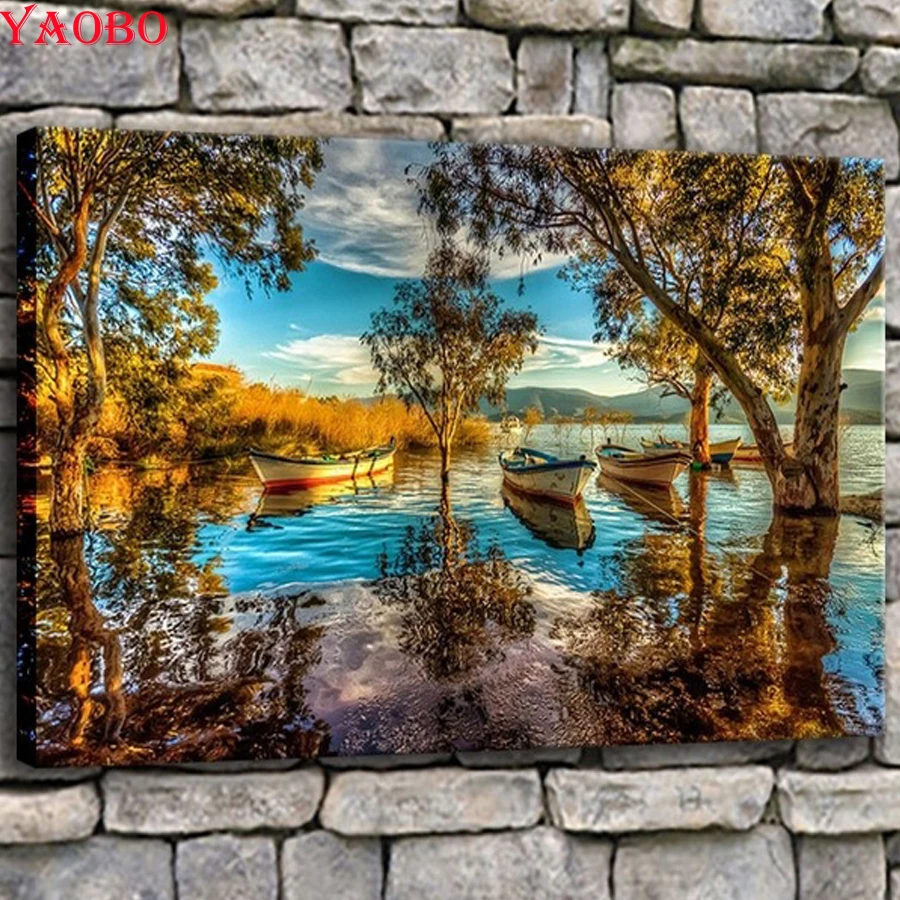5D алмазная картина Bafa озеро Турция картины Осенние деревья Лодка Пейзаж Diy