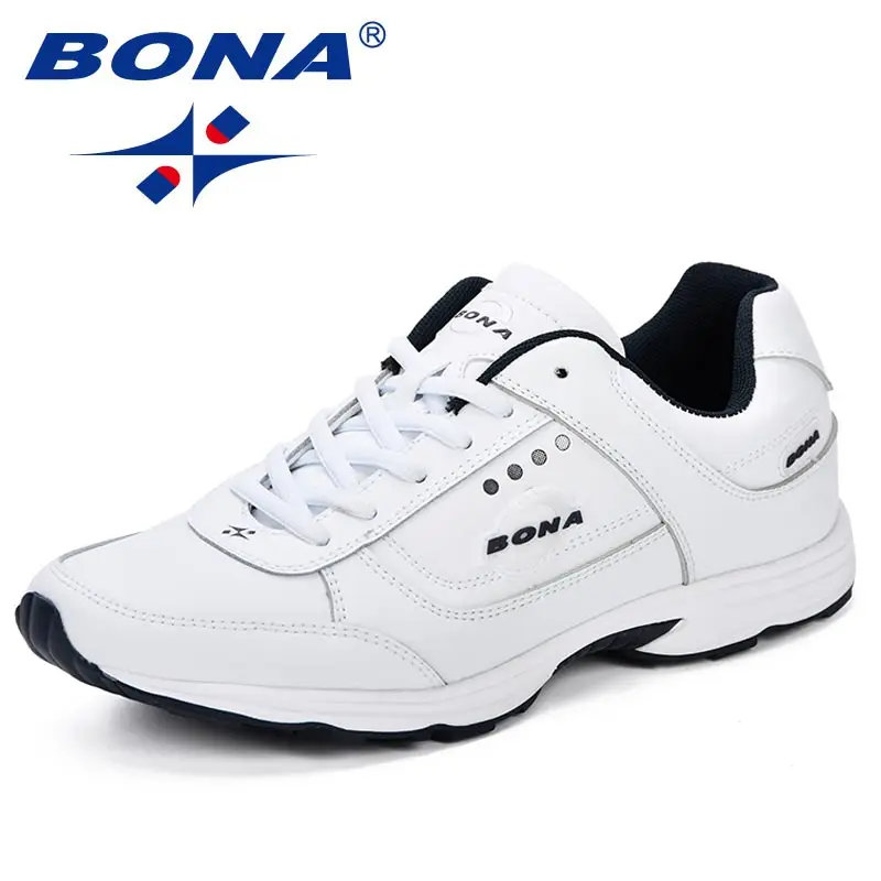 WHITE DEEP BLUE BONA новые красовки спортивные мужские кроссовки уличные кожаные дышащие Krossovky прогулочная спортивная обувь мужская обувь - Цвет: WHITE DEEP BLUE