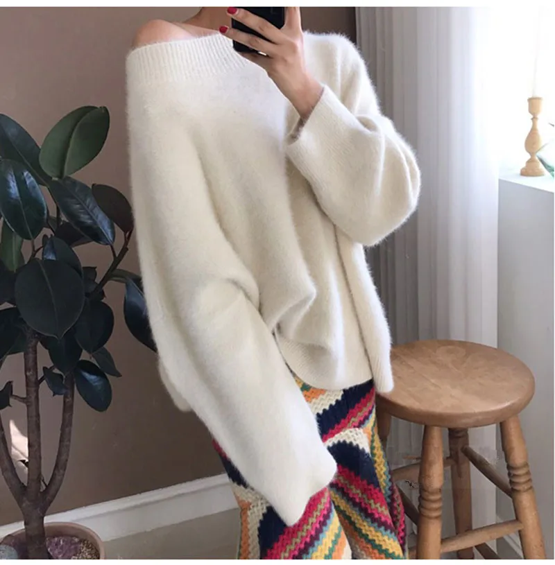 WHITNEY WANG 2018 Autumn Winter Fashion Streetwear Sexy Slash neck Mohair Sweater Women jumper pull femme Pullovers Sweaters | Женская