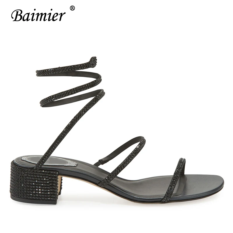 Black Sandals Baimier/; роскошные летние женские босоножки; Ремешок из змеиной кожи; женские сандалии-гладиаторы с открытым носком; женские свадебные туфли с украшением в виде кристаллов - Цвет: Black Sandals