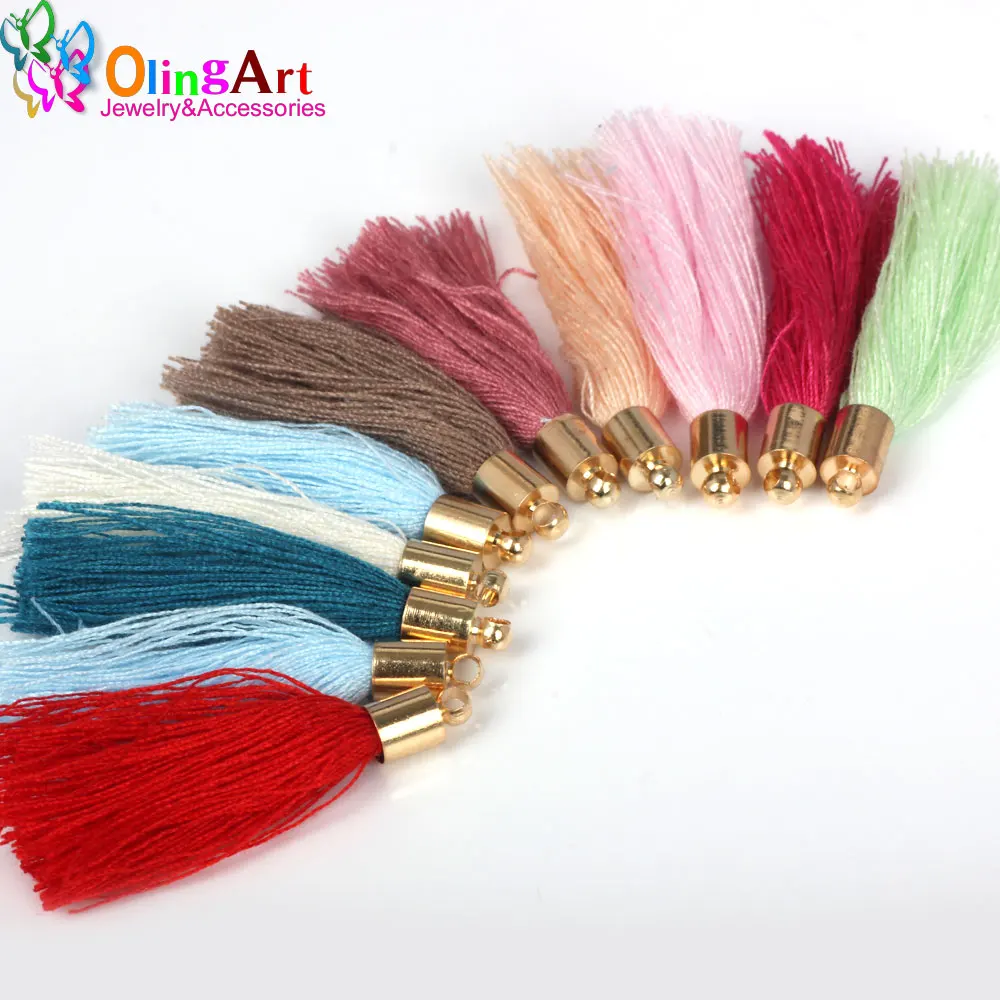 

OlingArt 40mm 6pcs cotton Silk Satin Gold Caps Charm Tassel Necklace Earring DIY Jewelry Making Straps Keychain Pendants 2019