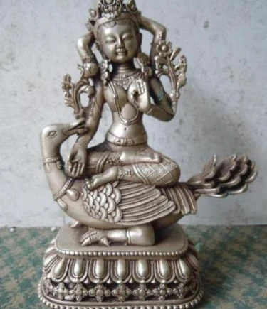 

9" Chinese carved silver Bronze fine Buddhism duckbill Buddha Sculpture Statue