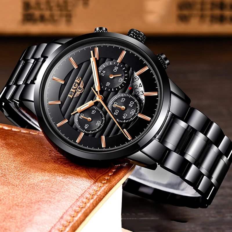 Часы наручные LIGE Мужские кварцевые спортивные Брендовые повседневные модные