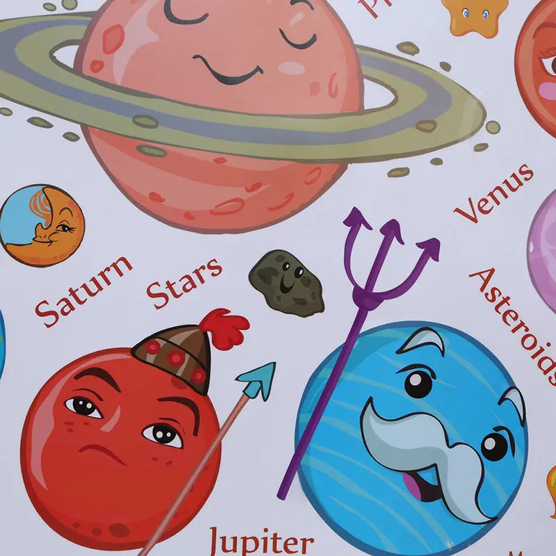 New Solar System Cartoon Wall Stickers For Kids Rooms Stars Outer Space Planets Earth Sun Saturn Mars Poster Mural School Decor | Дом и сад