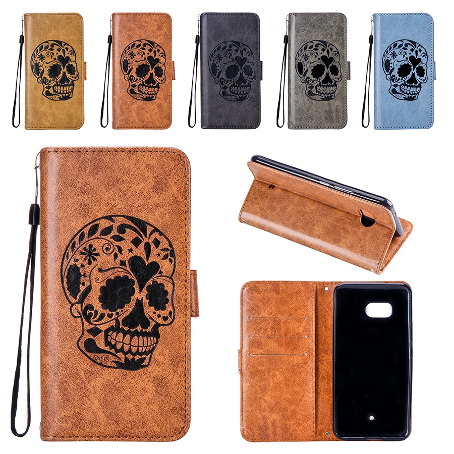 Тиснение череп флип из искусственной кожи Бумажник слот для карты ремешок чехол