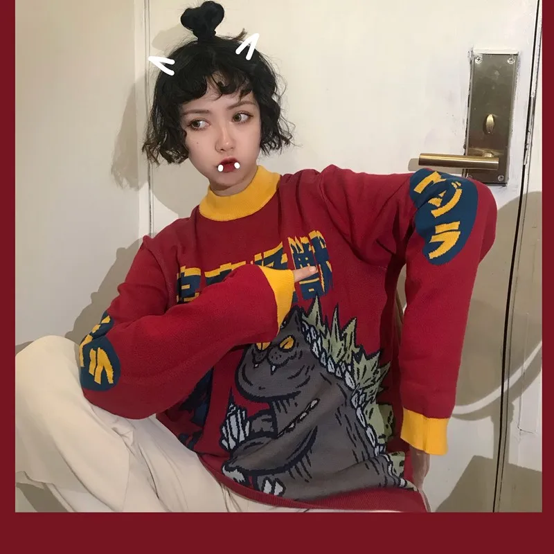 Harajuku Модные трикотажные Для женщин свитер с мультяшным монстром вышивка студент свитер пальто свободные ретро хит Цвет пуловер свитер