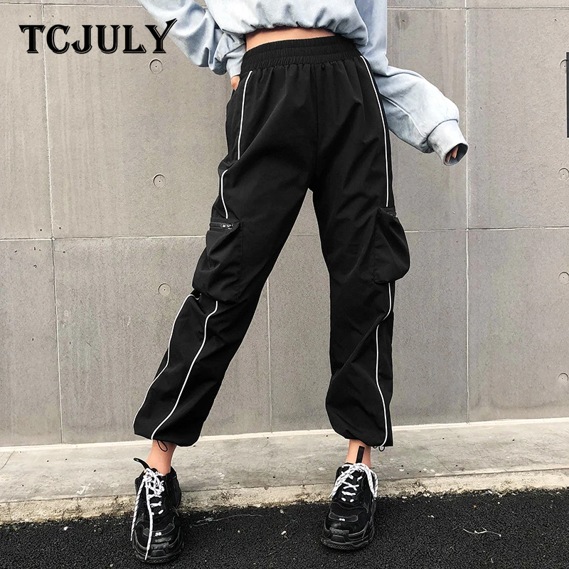TCJULY/демисезонные уличные шаровары с высокой талией и боковыми полосками