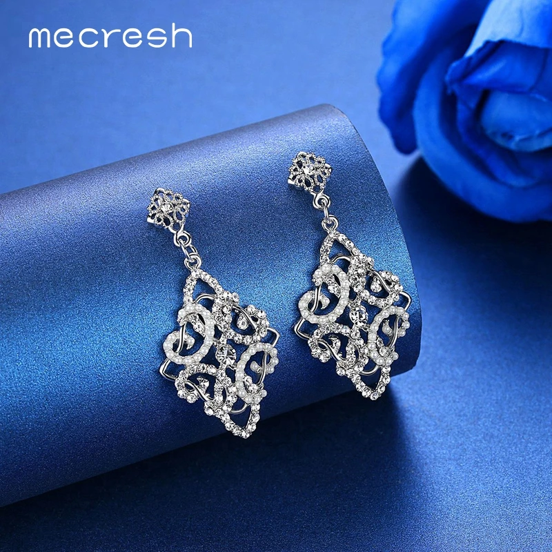 Серьги Mecresh с искусственным жемчугом, геометрические, серебряный цвет, свадебные серьги, хрустальные, в форме цветка, длинные висячие серьги для женщин MEH1082