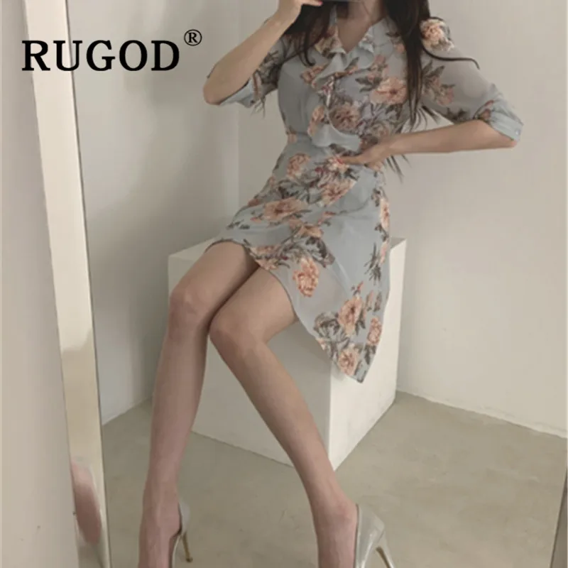 RUGOD корейское шифоновое женское платье с цветочным принтом, модное женское платье с рукавом-фонариком на шнуровке, vestidos, летние платья с оборками