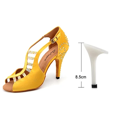 Yellow 8.5cm Новинка; обувь для латинских танцев; женская обувь для сальсы; цвет желтый, черный; уникальный дизайн; атласная Обувь для бальных танцев; стразы; обувь для танго - Цвет: Yellow 8.5cm