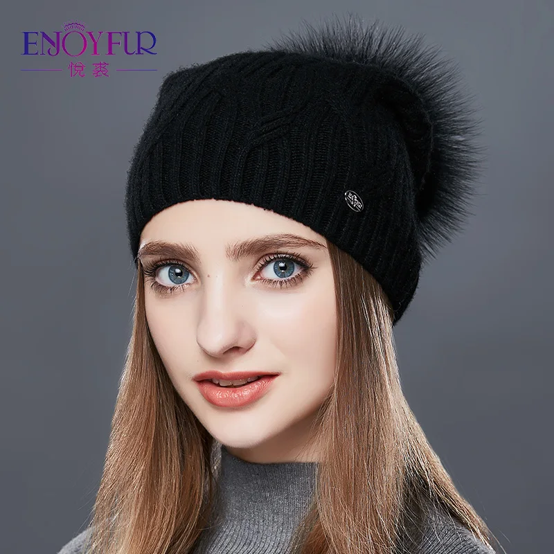 Женские вязаные кашемировые шапки ENJOYFUR, связанные узором «цепочка» шапки с помпоном, для осени и зимы - Цвет: 01A