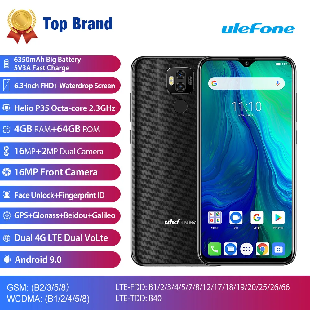 Ulefone Power 6 4GB 64GB Android 9.0 Cell Phone Face ID Fingerprint Unlock 6350mAh Battery 6.3'' Dual 4G NFC OTG Smartphone