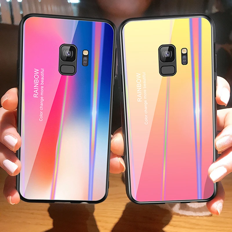 Tempered Glass + TPU Case For Samsung Galaxy S9 Plus Note 9 Colorful Cover Coque Gradient Back Phone |