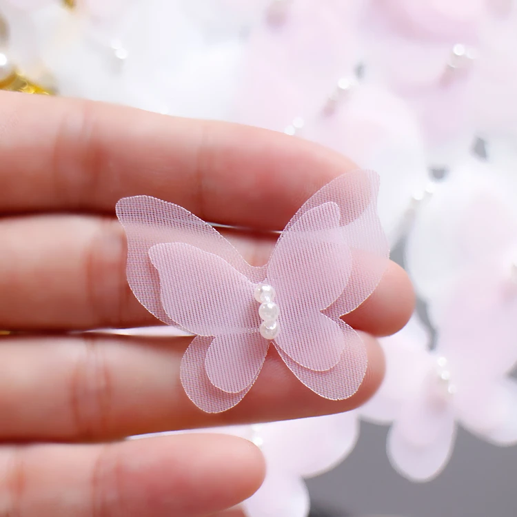 

Butterfly pearl patch applique for clothing sew on gauze flowers lace fabric Bridal wedding dress decoration patch accessories