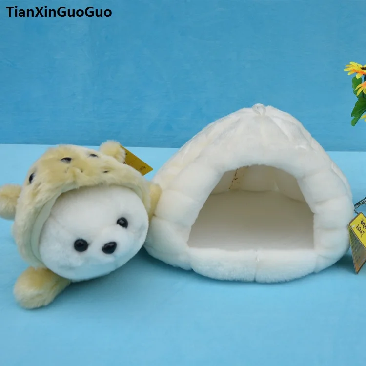 

about 25cm khaki hat seal with snow house plush toy,soft doll baby toy birthday gift h2131