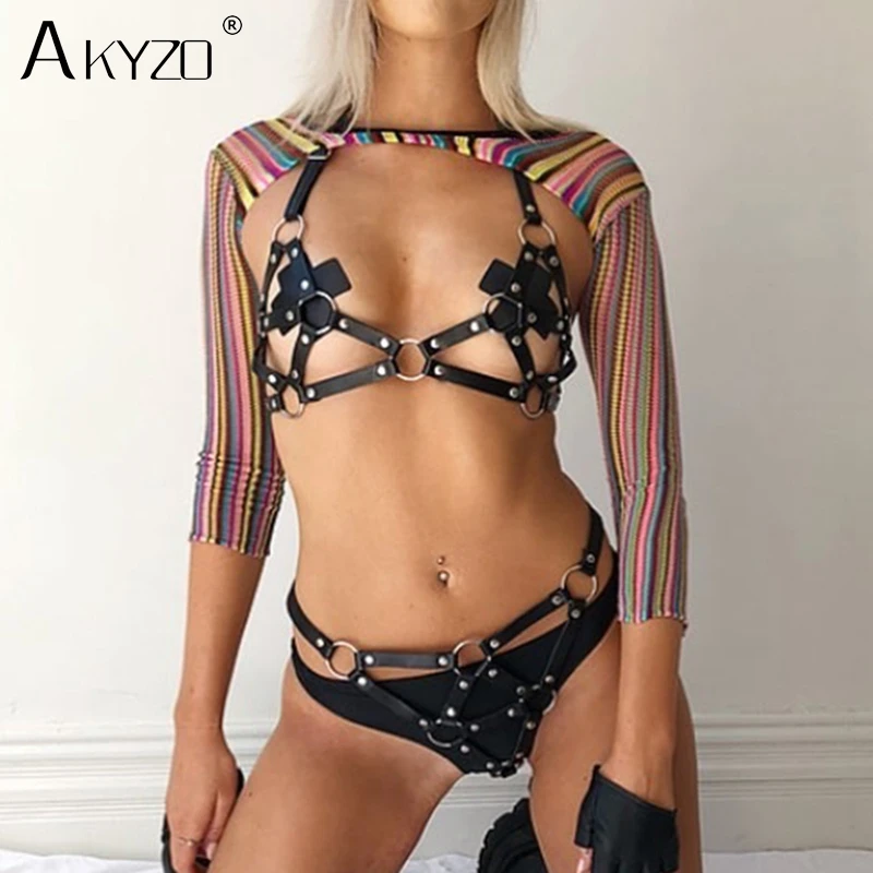 

AKYZO Sexy Leather Belt Metal Ring Handmade Patchwork Crop Top Women Set Black Hollow Out Women's 2 Piece Set