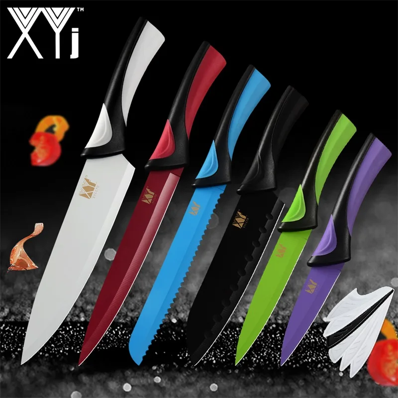 6 pcs set XYj набор кухонных ножей из нержавеющей стали, фантастический цветной нож шеф-повара для нарезки хлеба, нож для очистки овощей и нож сантоку, наборы столовых приборов - Цвет: 6 pcs set