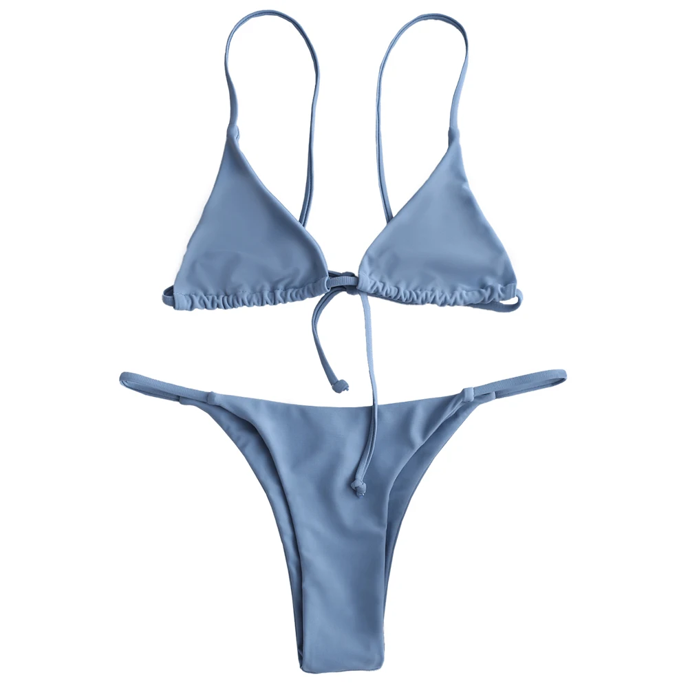 Sky Blue ZAFUL Косточек Тонги комплект бикини стринги с низкой талией на тонких бретелях купальный костюм для женщин купальный костюм с пуш-ап - Цвет: Sky Blue