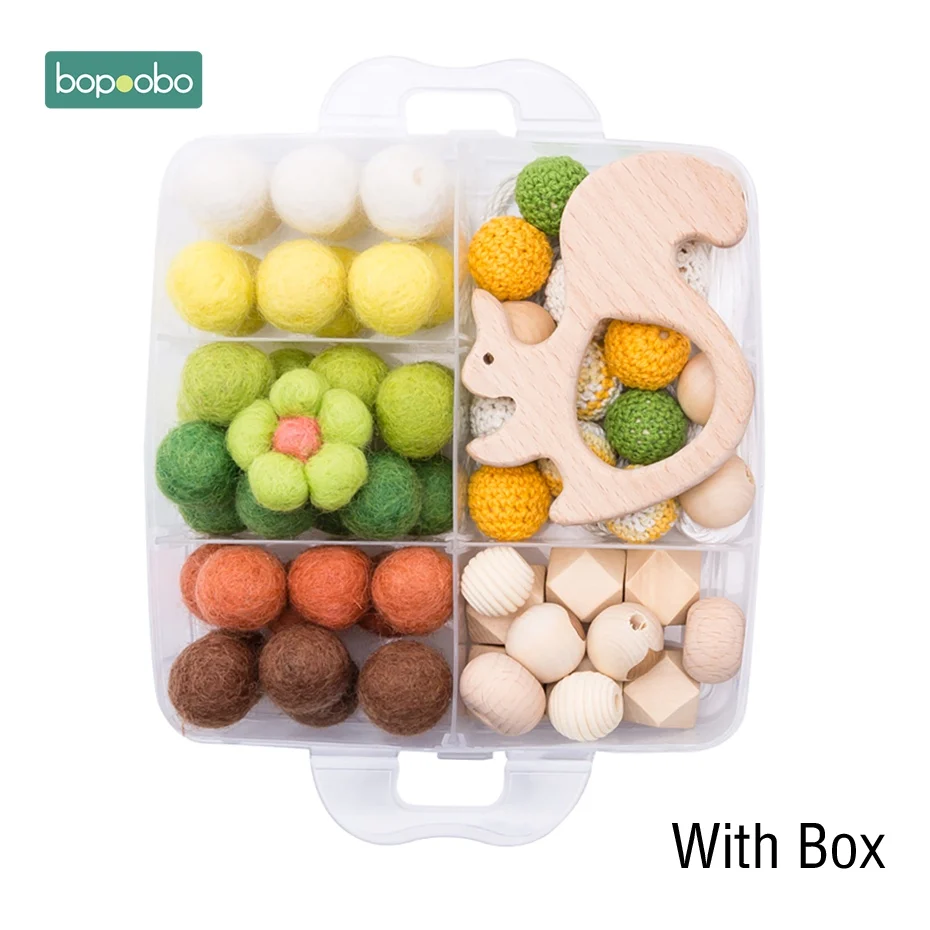 Green Squirrel Set-2 Bopoobo 1Set Baby Teether DIY Silicone Beads Pacifier Clip Chain Baby Mobile Wool ball BPA Free Wooden Crochet Beads Teether - Цвет: Green Squirrel Set-2