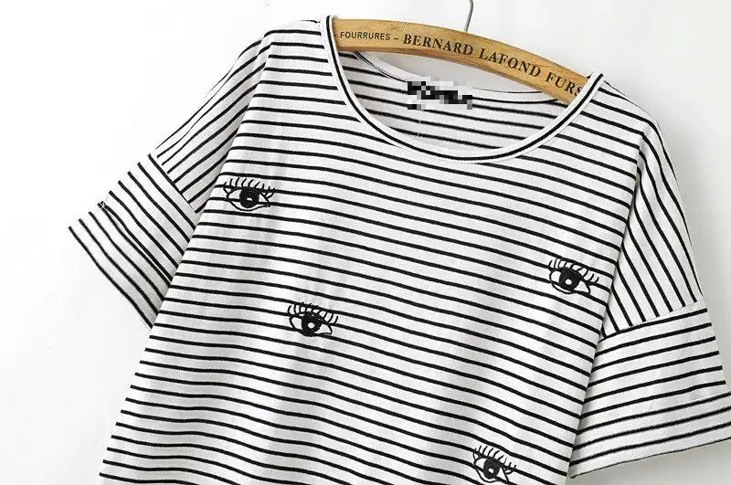 Fashion Brand New Women Cotton Striped Tee Shirts O-neck Casual Ladies T-shirt with Embroidered Eyes Leisure Vestidos | Женская одежда