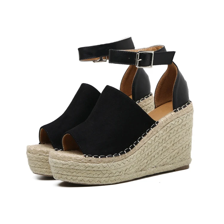 Black Wedge Sandals Летние эспадрильи; Босоножки на платформе; женские босоножки на танкетке с ремешком и пряжкой на щиколотке; замшевые сандалии для женщин с открытым носком; обувь в уличном стиле - Цвет: Black Wedge Sandals