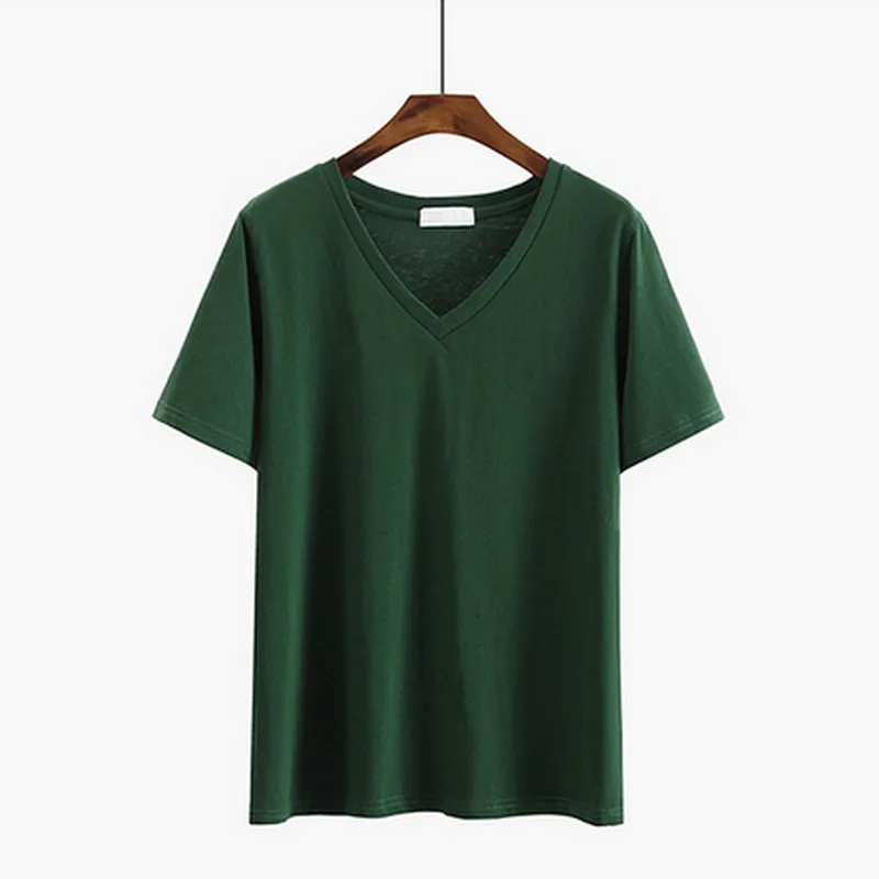 Casual Cotton T-shirts Summer Short Sleeve Tee For Women V-neck Solid Color Brief Tshirts Female Loose Bottoming Tops 9 | Женская одежда