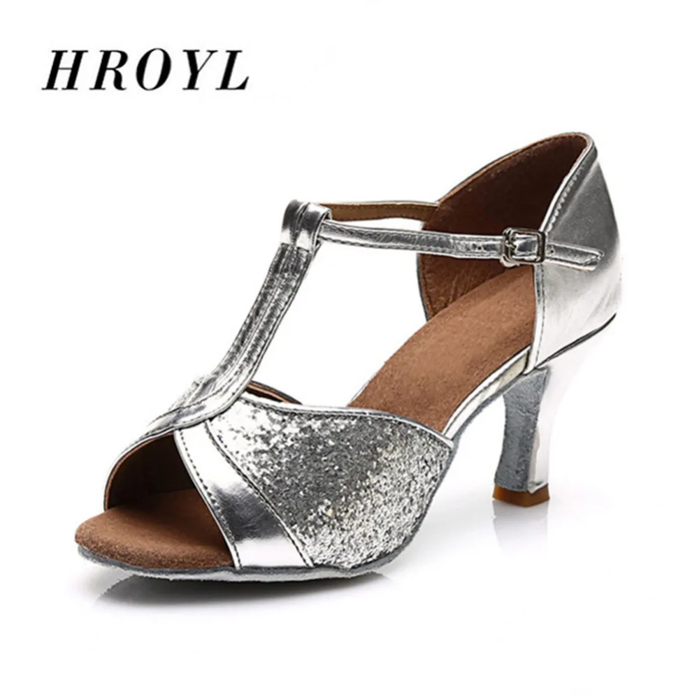 HROYL Women Latin Dance Shoes Girls Ballroom Salsa Dancing Shoes Sequin/Satin Tango Modern Soft Sole Party Dance-Shoes High Heel