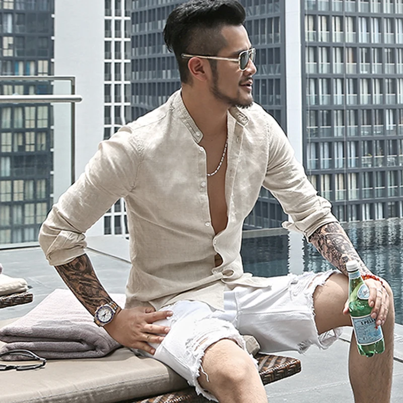 Рубашка мужская с длинным рукавом однотонная льняная блузка Slim Fit в повседневном