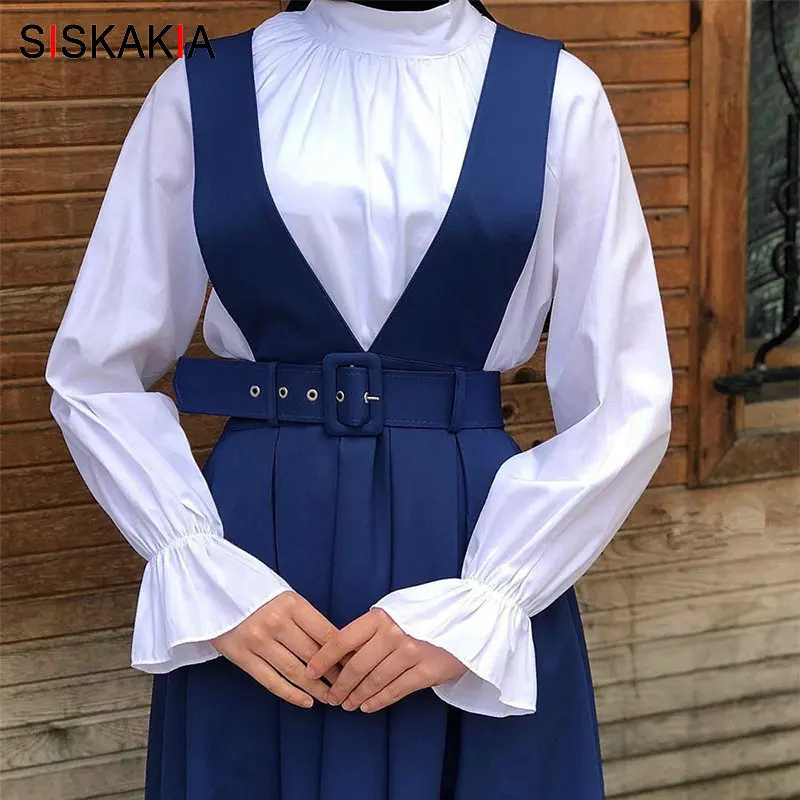 Женская рубашка с воротником-стойкой Siskakia однотонная Базовая расклешенным