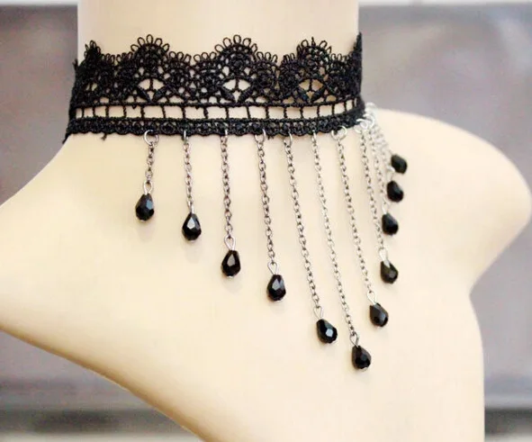 Tassel Summer Jewelry Women Black Lace Choker Necklaces Neckless Maxi Chocker Waterdrop Crystal Necklace for Laides Gift | Украшения и