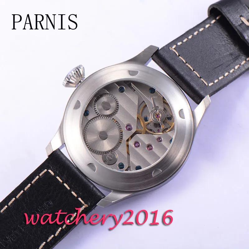 Модные 47 мм Parnis черные кожаные часы с циферблатом из нержавеющей стали 17