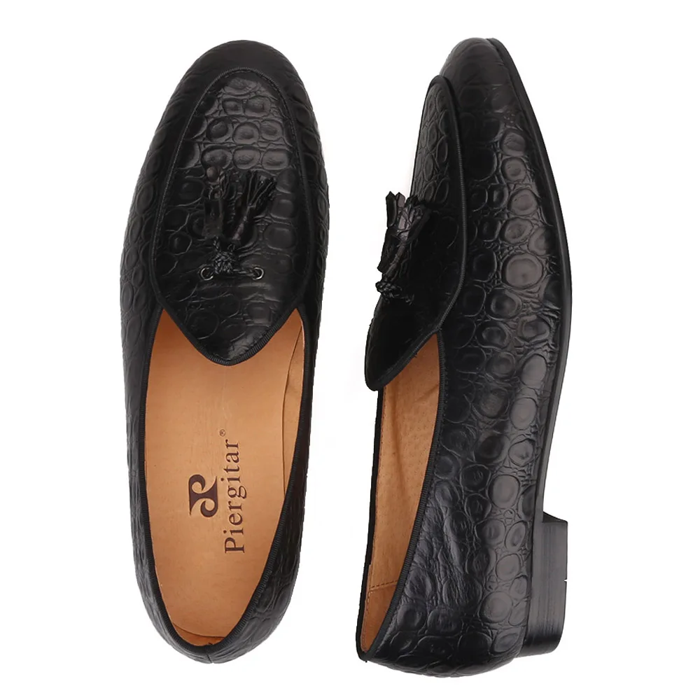 Piergitar 2019 Handmade embossed Genuine Leather Men shoes party and wedding Men's loafers with matching tassel plus size | Обувь