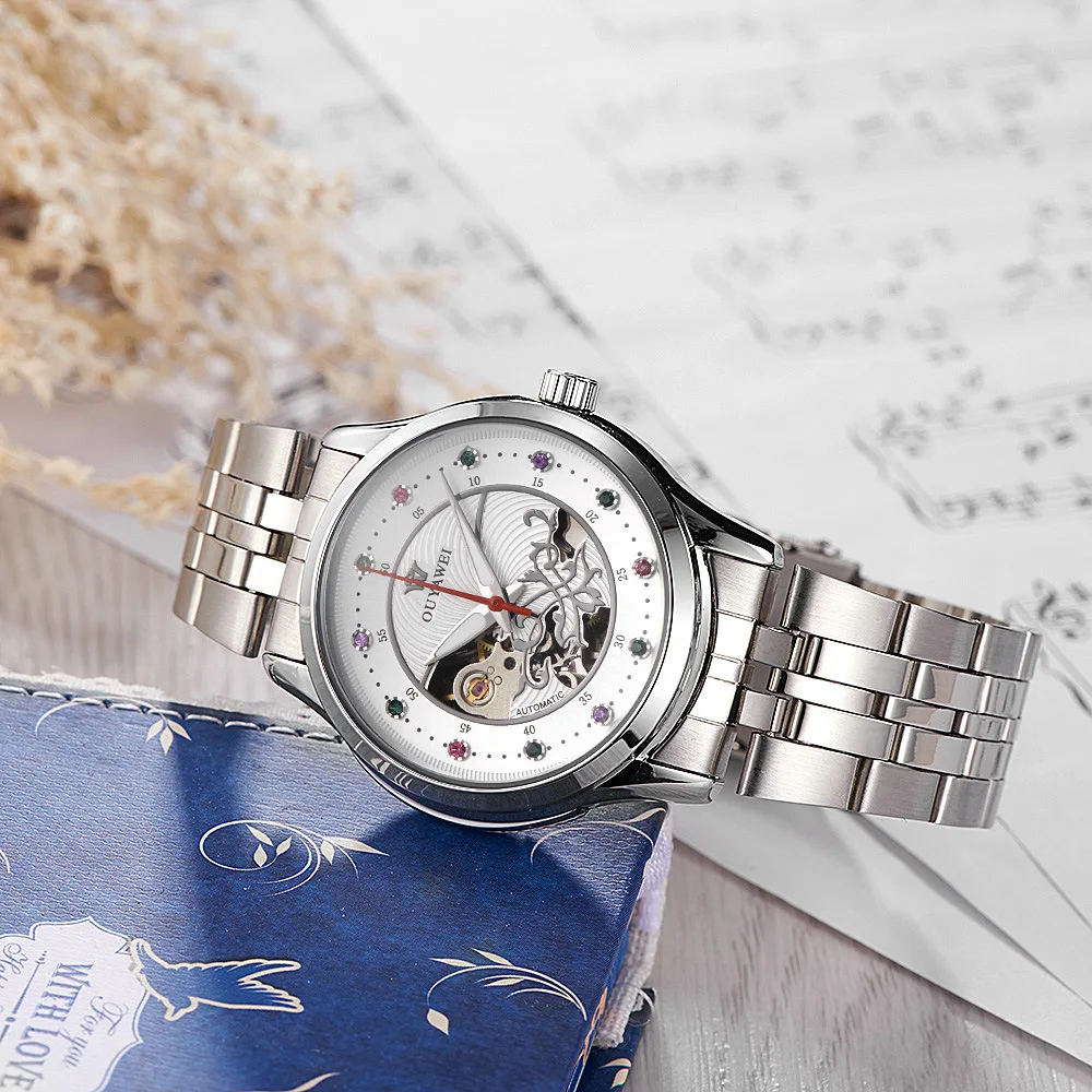 Модные цветные стразы женские часы автоматические механические из нержавеющей