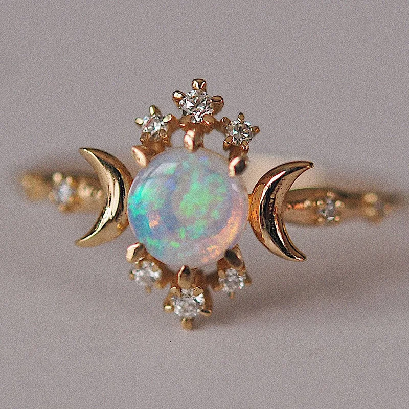 8Seasons Vintage Geometric White/Blue Opals Rings For Women Gold Color Ethnic Rhinestone Party Club Jewelry Size 6-10 | Украшения и