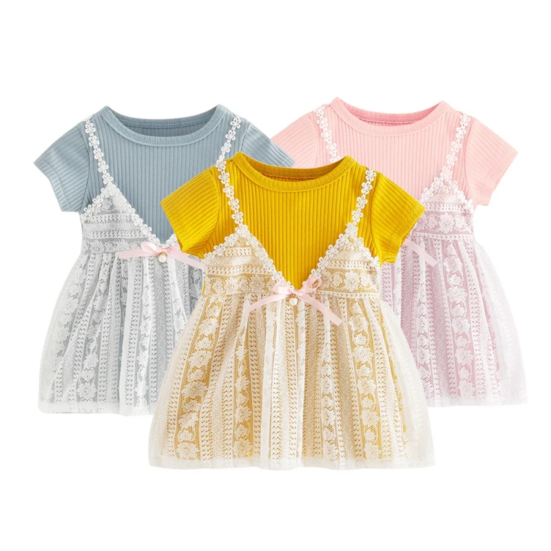 New Children Girl Fake 2 Pieces Short Sleeved Dress Lace Princess Baby Summer | Детская одежда и обувь