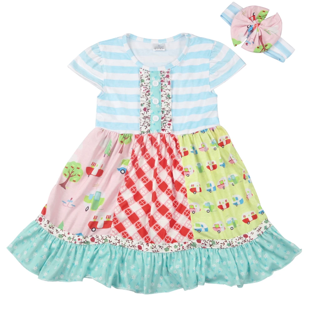 New Flowers Girl Dress Summer Baby Fashion Button With Headband Boutique Remake Girls Clothing LYQ801-043 | Детская одежда и обувь