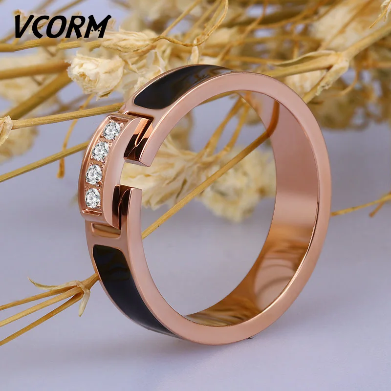 Женское Обручальное Кольцо VCORM розовое золото из нержавеющей стали с кристаллами