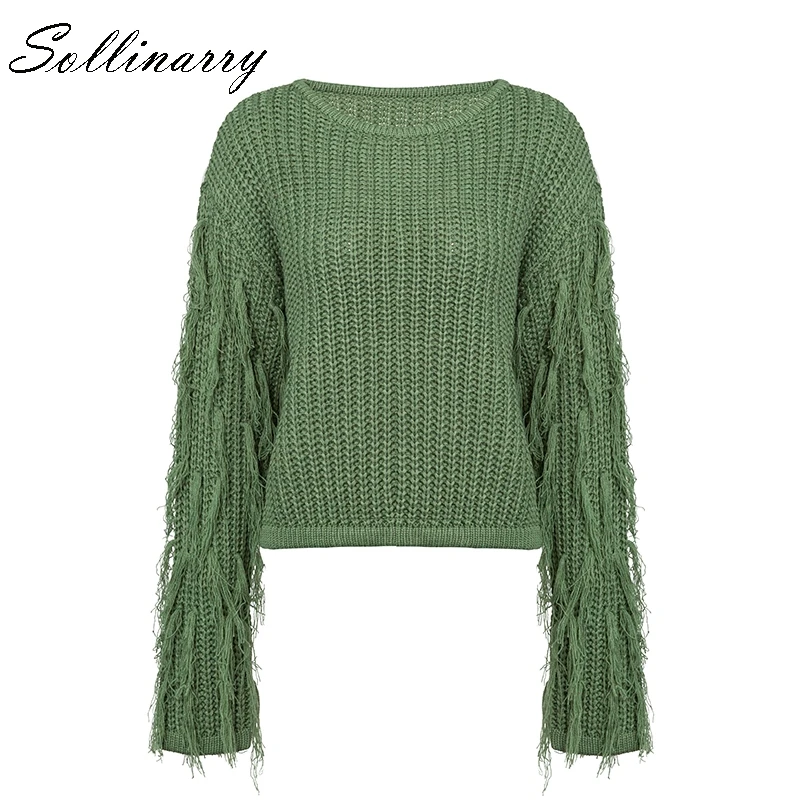 Sollinarry Light Pink Knit Sweater Women Solid Long Sleeve Tassel O Neck Pullover Casual Short Jumper Green | Женская одежда