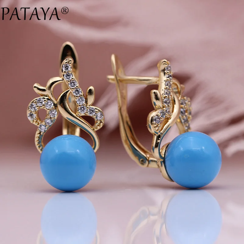 Turkish Blue PATAYA, новинка, серьги-капли с жемчугом, натуральный циркон, модное ювелирное изделие, 585, розовый, золотой неровный, для свадьбы, красивые серьги для женщин - Окраска металла: Turkish Blue