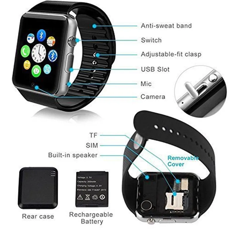 A1 Bluetooth Smartwatch Спорт Шагомер Sim-карты Камеры Релох inteligente для Телефона ПК Apple Watch fit