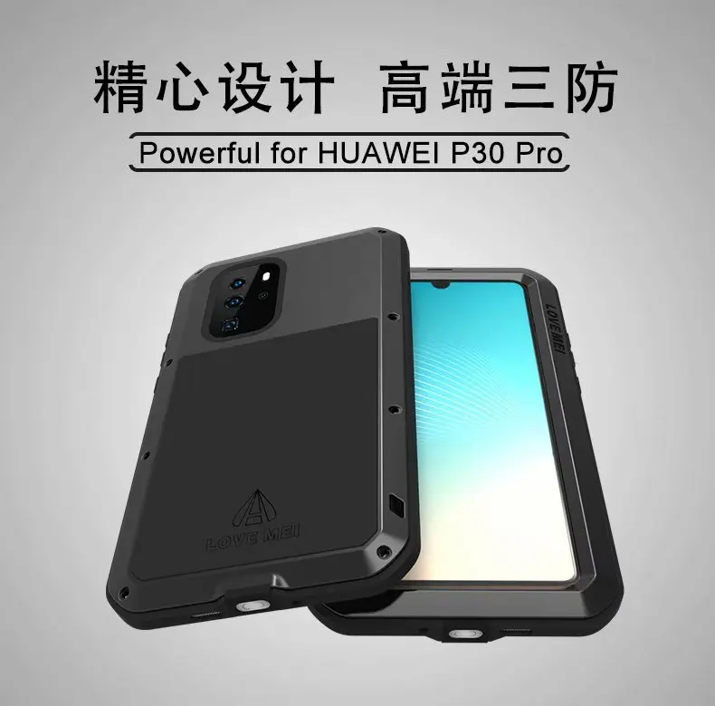

Love Mei Brand P30 Lite Powerful Aluminum Metal Tempered Glass 360 Full Cover Shockproof case for Huawei P30 Pro Life Waterproof
